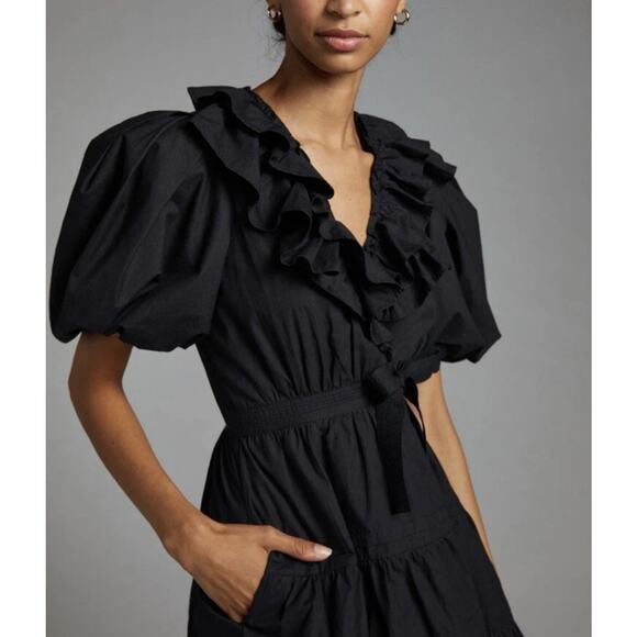 Love The Label Remy Balloon Sleeve Wrap Mini Dress In Black Ruffle L - Picture 2 of 6